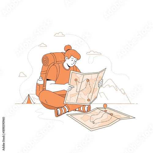 Adventurous Traveler Planning Expedition Using Detailed Maps