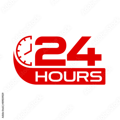 24 hours icon logo. Twenty four hours icon. Vector Illustration. 24 hours label, logo, badge, banner, sticker, stamp, sign, symbol, circle, arrow, red, line, flat vector, isolated illustration.