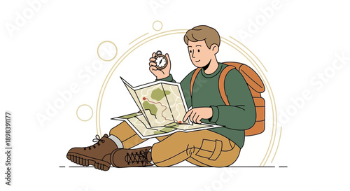 Adventurous Young Man Planning Hiking Expedition With Map And Compass