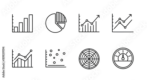 A collection of icons representing various types of data visualization and analysis