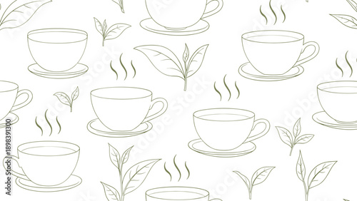 Minimalist line art seamless pattern with tea cups and fresh tea leaves on a white background for cafe or beverage branding.