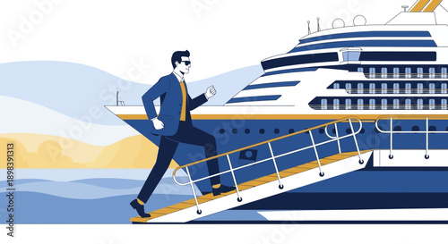 Ambitious Businessman Ascends Grand Cruise Ship Stairs Embarking on Voyage