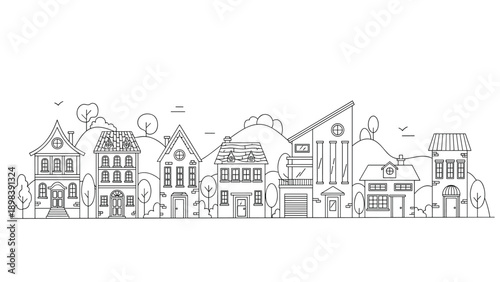 Complex horizontal line art drawing of a suburban city street with diverse houses, mountains, trees, and flying birds in the sky.