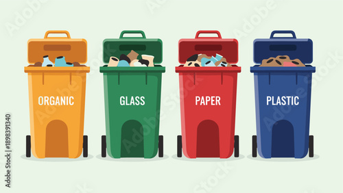 Four colorful recycling bins labeled for organic, glass, paper, and plastic waste to promote environmental protection and sustainability.