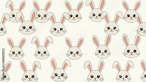 Cute seamless pattern showing small white bunny heads with tiny pink ears and big eyes on a soft cream background for nurseries.