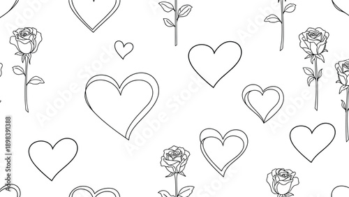 Simple line art drawing of hearts and roses in a seamless pattern design perfect for coloring books, greeting cards, or romantic themes.