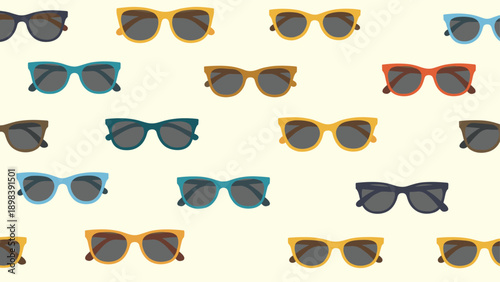 Seamless pattern of colorful sunglasses with different frame shapes and lens tints on a light beige background for summer holiday themes.