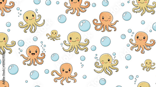 Pattern of adorable cartoon octopuses in different colors surrounded by blue bubbles on a clean white background for nursery or kids decor.