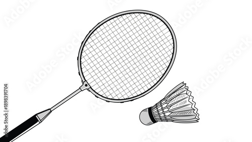 Detailed black and white illustration of a badminton racket and a feathered shuttlecock for sports and activity themes.