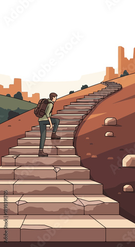 Ascending Stone Steps Towards Urban Skyline Adventure