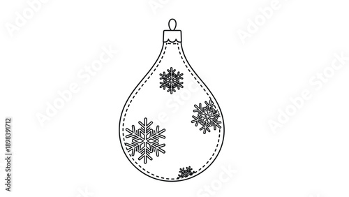 Simple line art outline of a teardrop shaped christmas ornament decorated with detailed snowflake patterns on a white background.