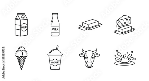 Assorted food items including dairy, meat, and beverages