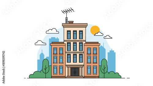 Modern three story apartment building with large windows and a rooftop antenna set against a city skyline at sunset.