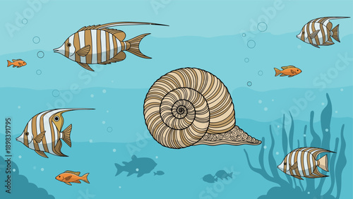 Beautiful underwater landscape featuring a large spiral seashell, colorful striped fish, and coral silhouettes in a blue sea.