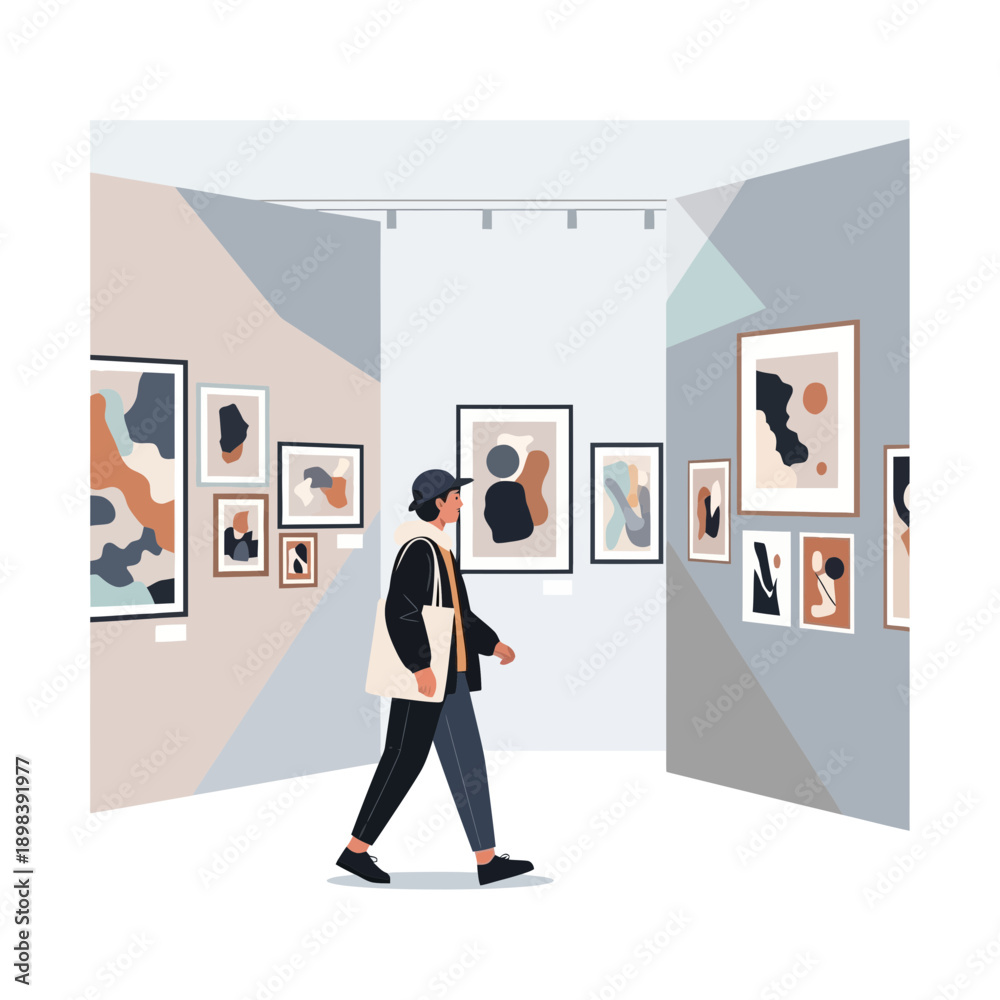 Fototapeta premium Art Gallery Visitor Observing Abstract Paintings in a Modern and Contemporary Exhibition