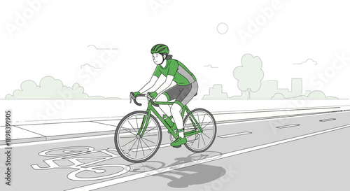 Athletic Cyclist Navigates Dedicated City Bike Lane In Green Attire
