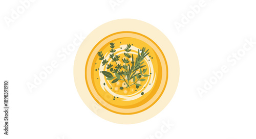 Aromatic Culinary Delights With Fresh Herbs In Golden Broth