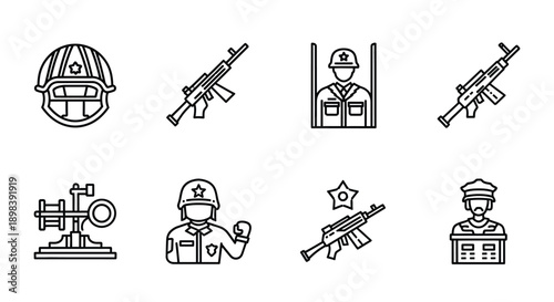 A collection of icons representing military and law enforcement themes
