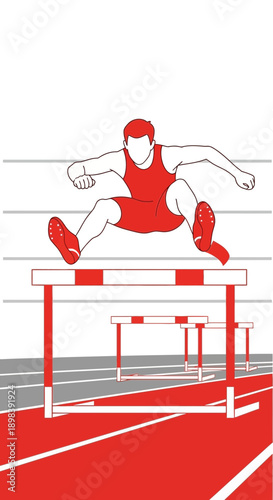 Athletic Hurdler In Mid Leap Over Track Barriers Dynamic Sports Action