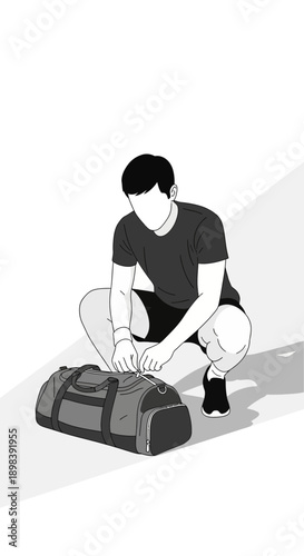 Athletic Man Prepares For Workout Session With Duffel Bag