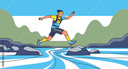 Athletic Runner Navigates Rocky Stream During Outdoor Adventure