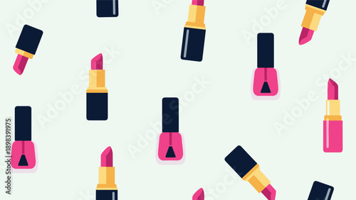 Feminine cosmetics pattern featuring pink lipsticks in dark tubes and pink nail polish bottles scattered on a light mint green background.