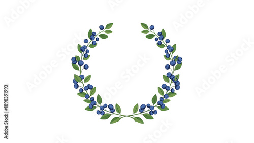 Circular wreath made of green leaves and clusters of ripe blue berries isolated in the center of a plain white background.