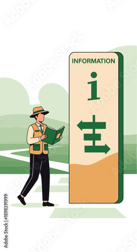 Attentive Guide Consults Information Signage Near Scenic Pathway