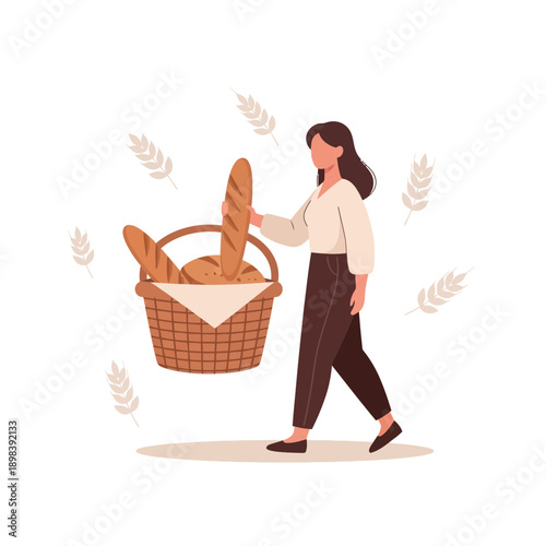 Artisan Baker Woman Carries Freshly Baked Bread Basket For Market