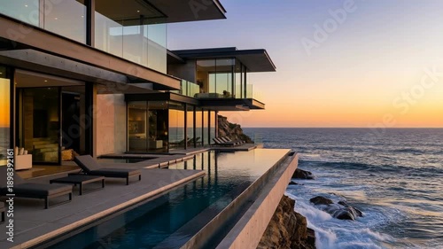 Modern luxury mansion on a cliff with infinity pool at sunset. Contemporary glass house architecture overlooking the ocean waves. High-end real estate concept
