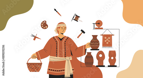 Artisan Demonstrating Traditional Crafts With Various Handmade Items Displayed