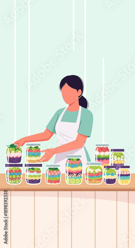 Artisan Food Preservation Woman Arranging Colorful Jarred Delicacies