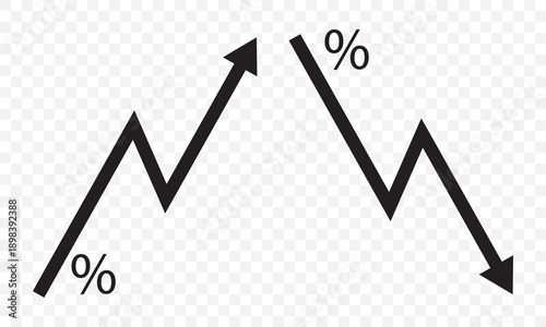 Growth icon set. Containing arrow up, growing graph, business chart icons. Vector illustration. Black downward trend arrow and upward trend arrow on transparent background. EPS 10.