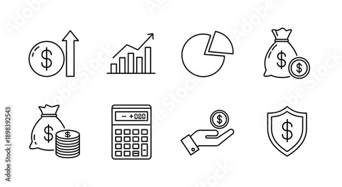 Financial icons representing various aspects of money management and investment