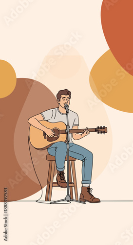 Artist Performing Acoustic Music Song on Stage with Microphone and Guitar