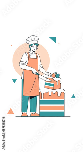 Artistic Confectioner Crafting Exquisite Layered Cake With Precision And Care