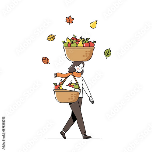 Autumn Harvest Woman Carrying Abundant Fruit Baskets Balancing Fresh Produce Outdoors