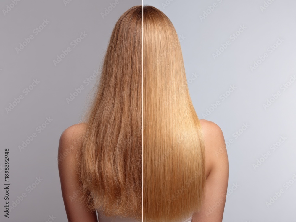 Naklejka premium Female hair transformations: before and after view of caucasian young woman with long blond hair