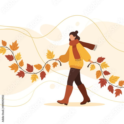 Autumn Season Person Walking With Falling Leaves And Warm Scarf Holding Twig Branch