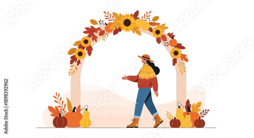 Autumnal Archway Welcomes a Stylized Figure Amidst Harvest Bounty