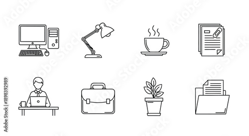 A collection of icons representing various office and work-related items