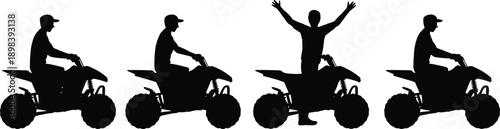 Silhouettes of people on quad bikes in various poses on white background all terrain vehicle person