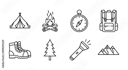 Illustrations of camping gear and nature symbols for outdoor adventures