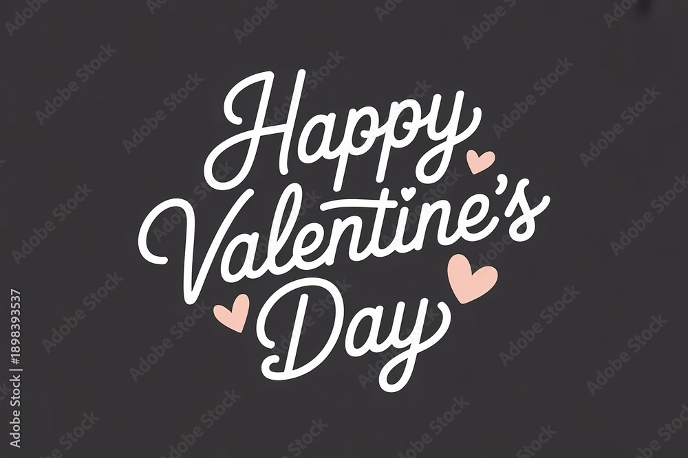 Obraz premium Valentine's day message is elegantly scripted in white, cursive typography, accompanied by small, soft pink hearts, all set against a sophisticated dark gray background