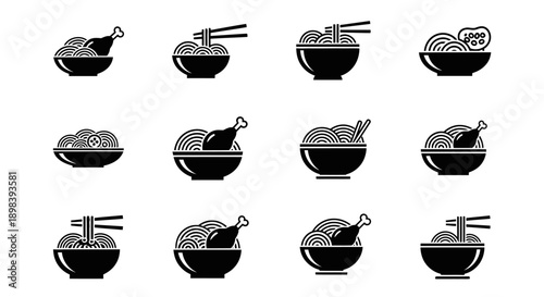 Collection of Ramen Noodle Bowls with Chopsticks.