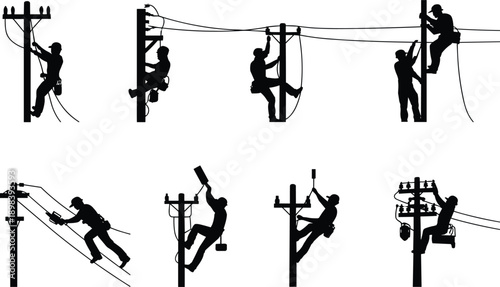 Silhouette of electrical workers on poles, repairing power lines, wearing safety gear, performing maintenance tasks, using tools, working at height, utility professionals