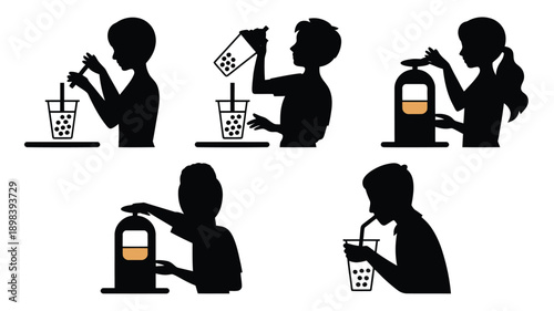 Silhouette People Drinking Bubble Tea in Various Poses with Straws and Cups in Simple Modern Style for Beverage Advertising