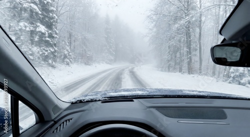 Driver POV of Snowy and Foggy Road through Winter Forest