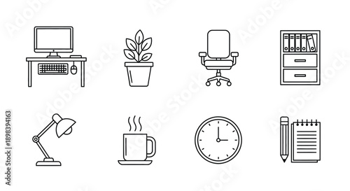 Illustrations of various office items and accessories for a productive workspace