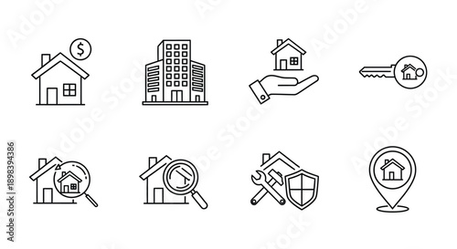 Illustrations of various icons related to real estate and property management
